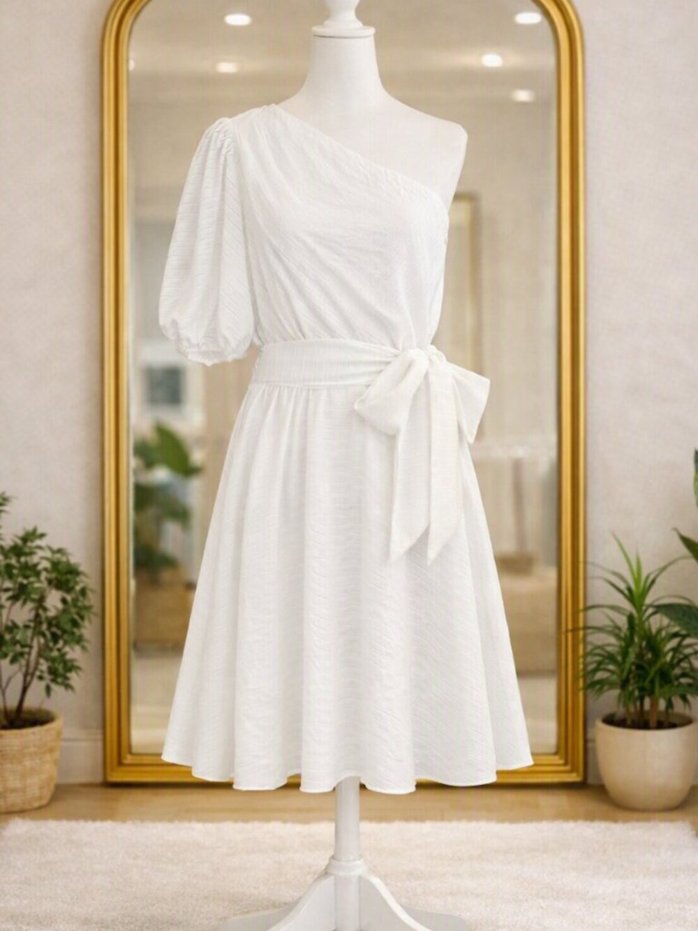 Nine West Women's One Shoulder Belted Dress White Size Medium